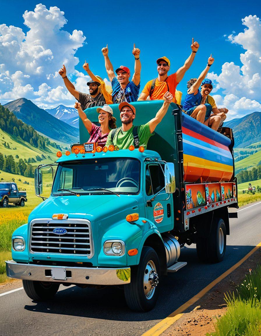 A cheerful trucker driving through picturesque landscapes, with a bright blue sky and rolling hills in the background. Include colorful trucks adorned with happy stickers and a diverse group of truckers sharing stories around a campfire, emphasizing community and friendship. Capture the essence of adventure and freedom on the open road. vibrant colors. super-realistic.