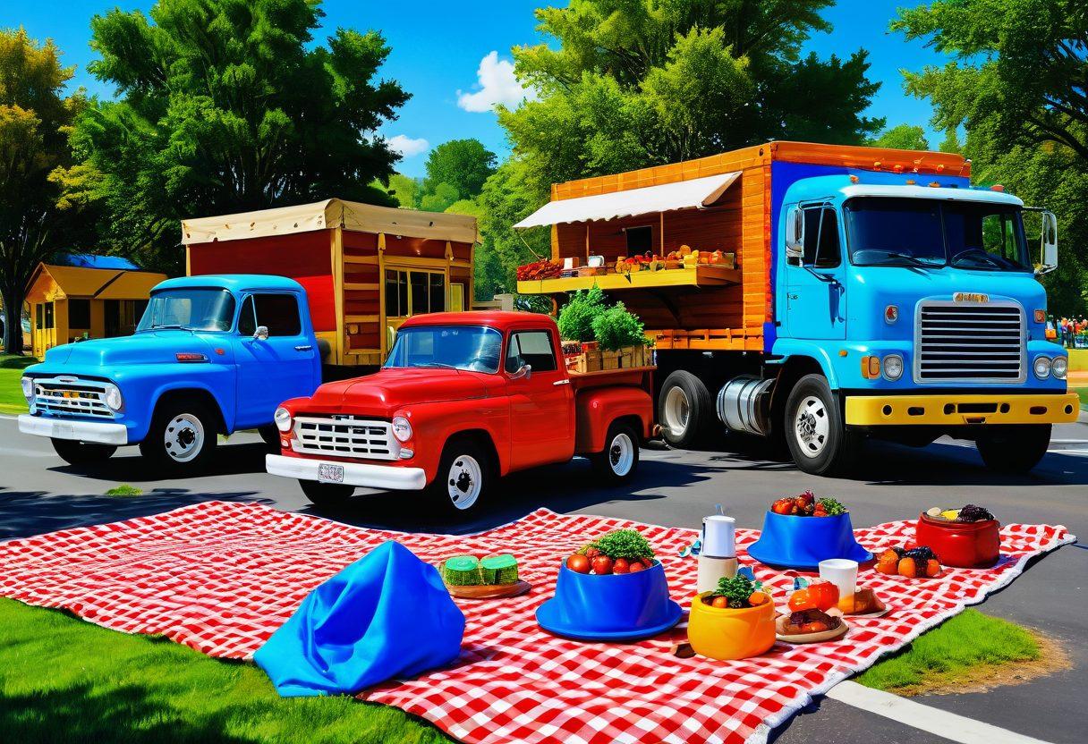 A lively scene showcasing cheerful truck drivers exchanging greetings at a scenic rest stop, surrounded by lush greenery and a bright blue sky. Include colorful trucks parked nearby, with drivers sharing smiles and stories, representing camaraderie and support. Add elements of a picnic, like a basket and coffee cups, to enhance the community feel. super-realistic. vibrant colors. sunny sky.