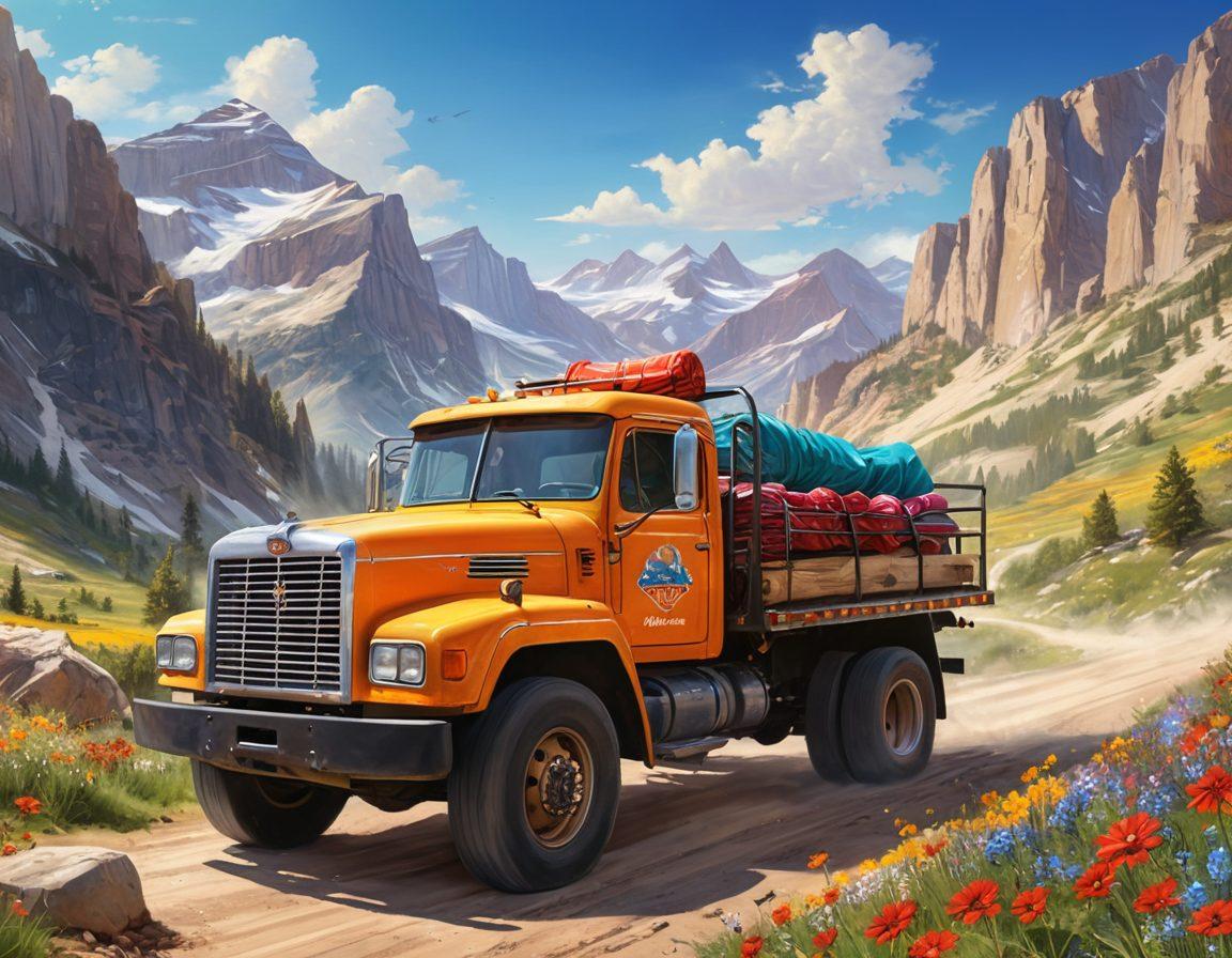 A dynamic scene of a rebel trucker driving a brightly painted truck through a scenic mountain landscape under a vast blue sky. The trucker, an adventurous spirit with a big smile, wears a bandana and sunglasses, embodying positivity. In the background, fellow truckers gather around a campfire, sharing stories and camaraderie. Add elements like scenic wildflowers and rugged terrain for vibrancy. super-realistic. vibrant colors. outdoor adventure.